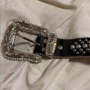 Studded Black Leather Belt with Rhinestone Buckle